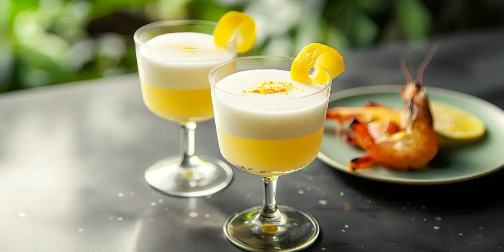 Two Yuzu Whisky Sour cocktails served with a plate of grilled prawns