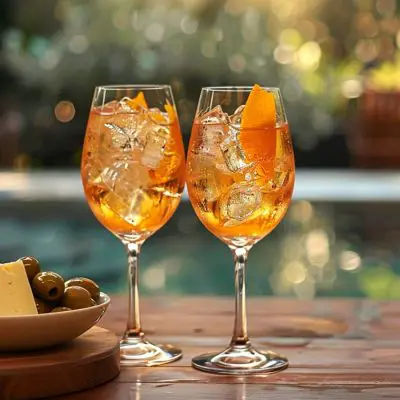 Two Grand Marnier Spritz cocktails and a cheeseboard with olives served poolside