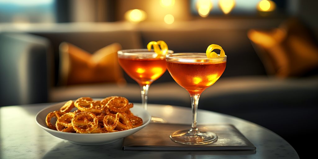 Two Dubbonet cocktails with lemon twist garnish, served on a coffee table with a bowl of pretzels
