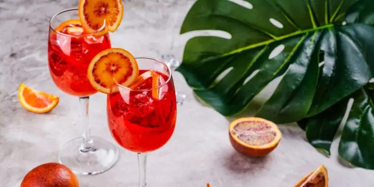 Two bright red Campari Spritz cocktails with blood orange garnish