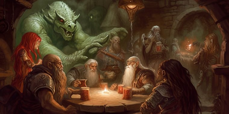 AI generated MidJourney illustration of a band of merry DnD characters enjoying Dungeons & Dragons cocktails around a table in a medieval tavern
