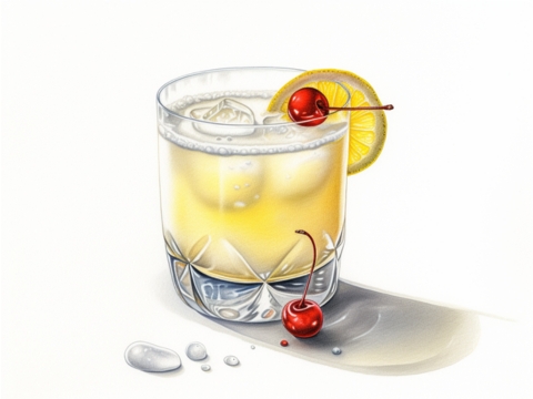 Classic color pencil illustration of a Gin Sour cocktail with lime wheel and cherry garnish