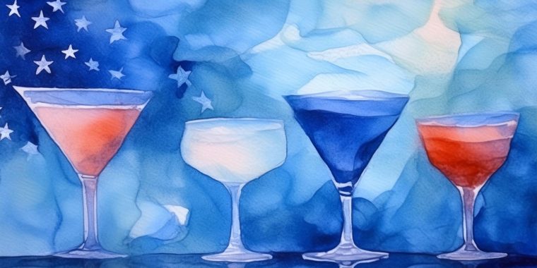 Artistic rendering of red, white and blue cocktails for Memorial Day in watercolour