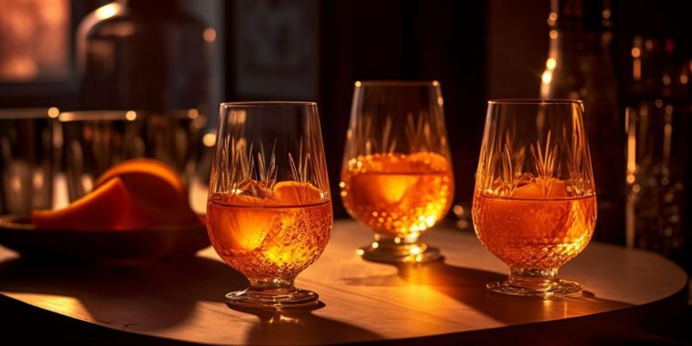 AI Midjourney close-up image of a trio of glasses with orange liqueur, Grand Marnier and triple sec, on a wooden surface, backlit by the sun