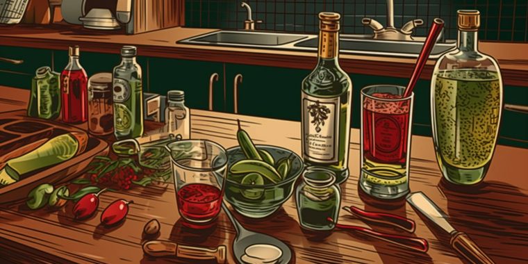 Classic colorful illustration of chilli liqueur, cocktail glasses and fresh red and green chillies on a wooden kitchen counter in a bright and airy kitchen