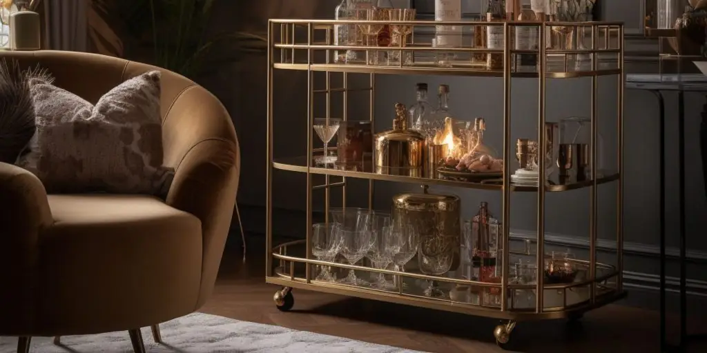 Close up of a dainty Art Deco bar cart in a sumptious lounge space filled with Art Deco furniture