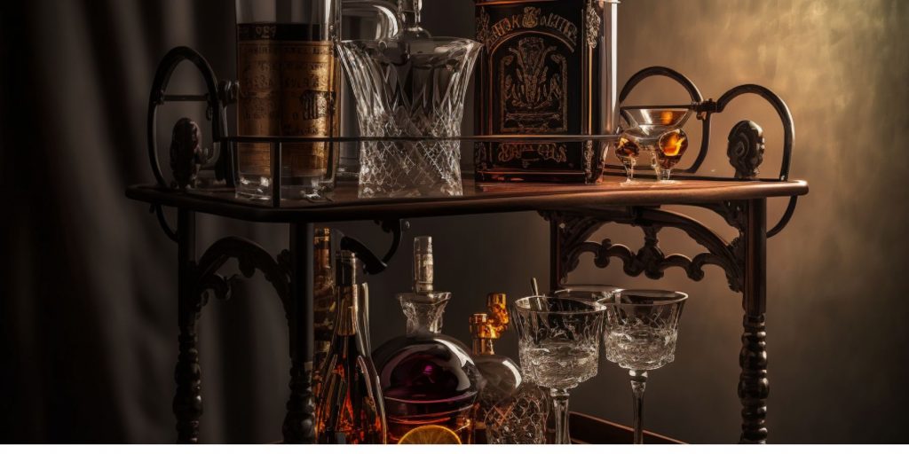 Close up of an ornate vintage bar cart in a room at dusk with a little light coming in through a window to the right