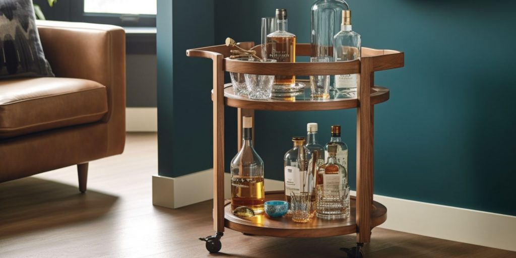Small compact bar cart in a light and airy living room againsta a blue wall