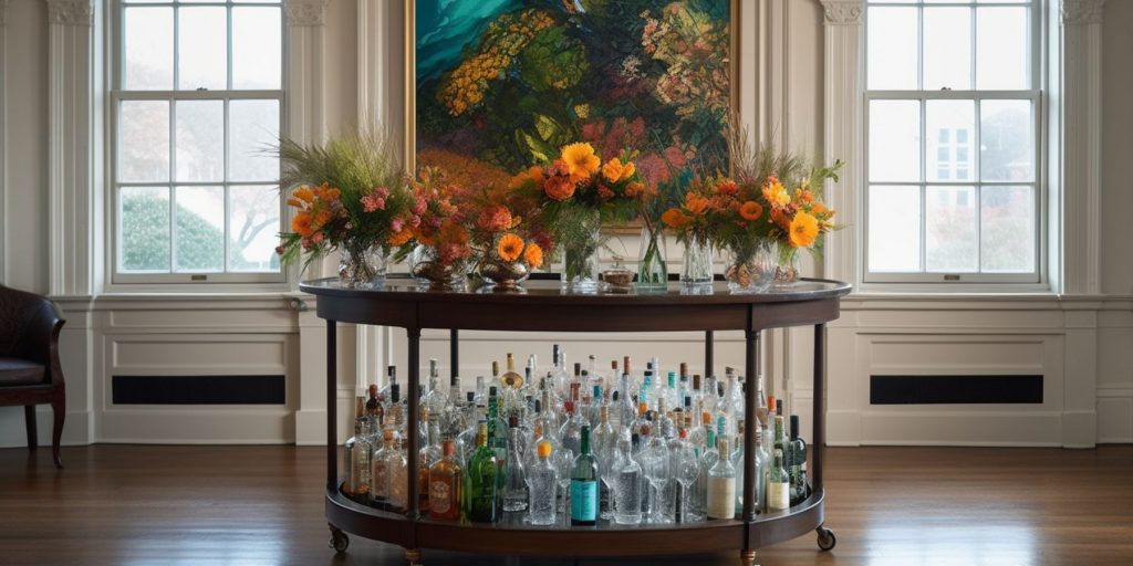 Big expansive dark wood bar cart in a large ball room space, dressed with large vases of bright flowers against a window wall with a modern art piece