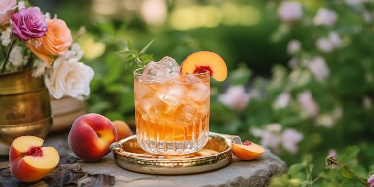 Bourbon Peach Schnapps in a garden setting