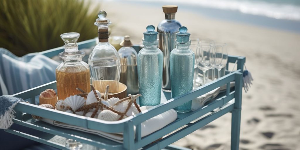 Close up of a collection of blue and ocean-themed cocktail making accessories on a coastal bar cart outside on the edge of the beach with the shore in the background