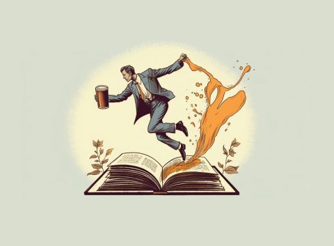 Color illustration of a man jumping out of a giant book holding a cocktail
