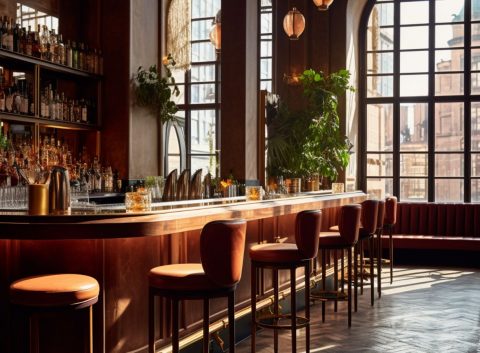 MidJourney AI image of a NYC cocktail bar with large windows with daylight streaming in, plenty of greenery, and a modern, plush ambience