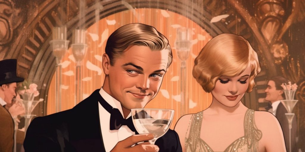 Color illustration of The Great Gatsby characters at a party