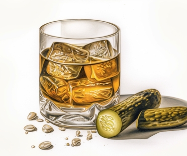 Color pencil illustration of a Pickle Juice Whiskey Sour