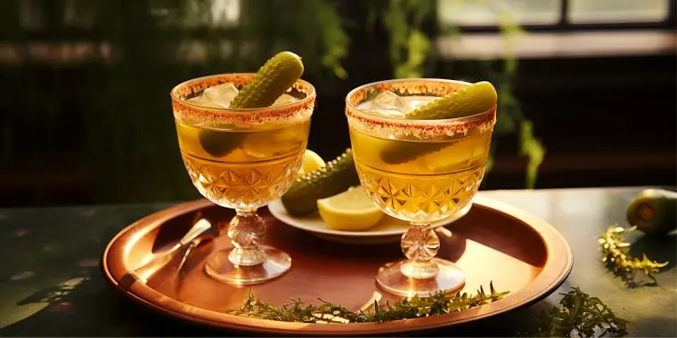 Two Pickle Juice Whiskey Sour cocktails with pickle garnish