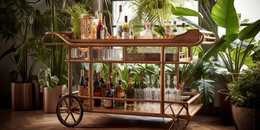 Tight shot of a tropical bar cart in a luch atrium filled with lots of live plants