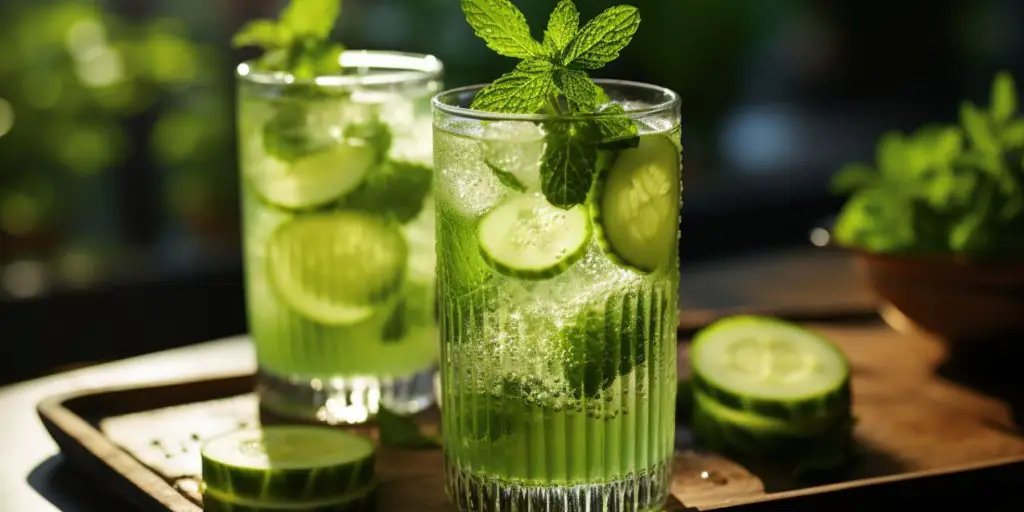 Close up of a pair of Cucumber-Soju Coolers in a bright outdoor settings