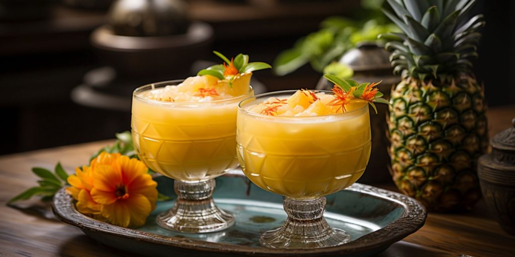 Close up of a pair of Pineapple Soju coktails served on a platter in a bright, outdoor setting alongside a fresh pineapple