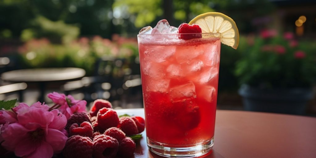 Close up of a Raspberry Soju cocktail in an outdoor setting on a wooden table alongside some fresh raspberries