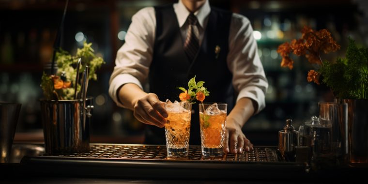 Korean bartender serving soju drinks