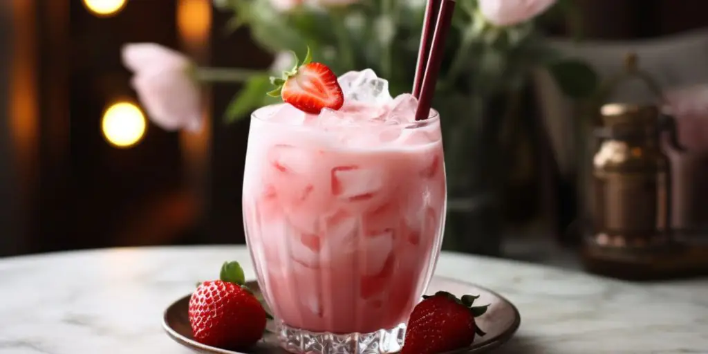 Close-up of a creamy Strawberry Soju cocktail on a white table in a bright and inviting Korean dining setting