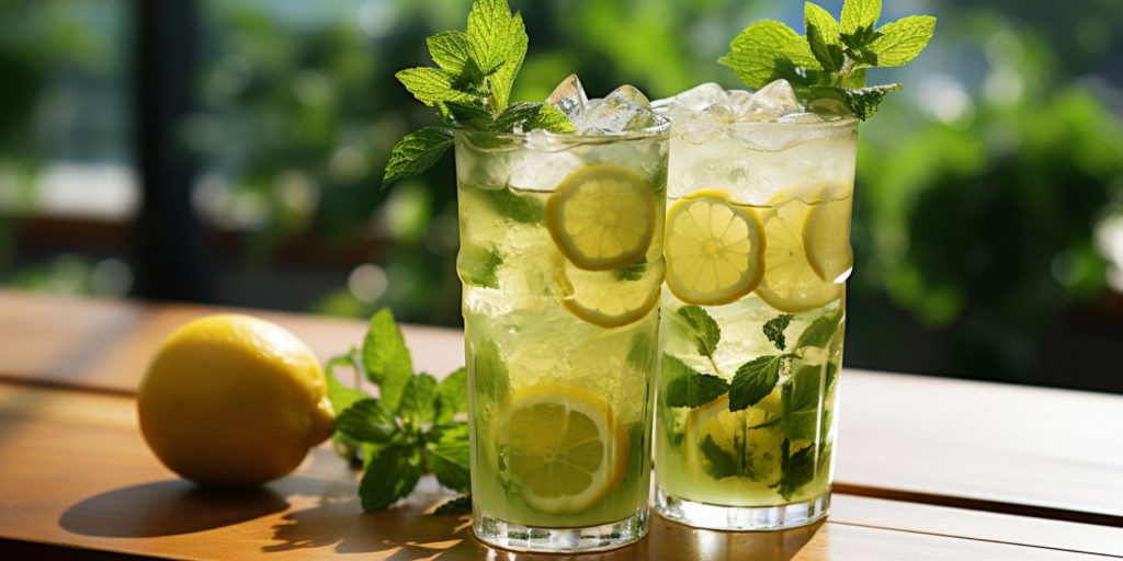 Close-up of a pair of Korean Iced Green Tea Cocktails with Soju on a wooden table in a bright outdoor setting