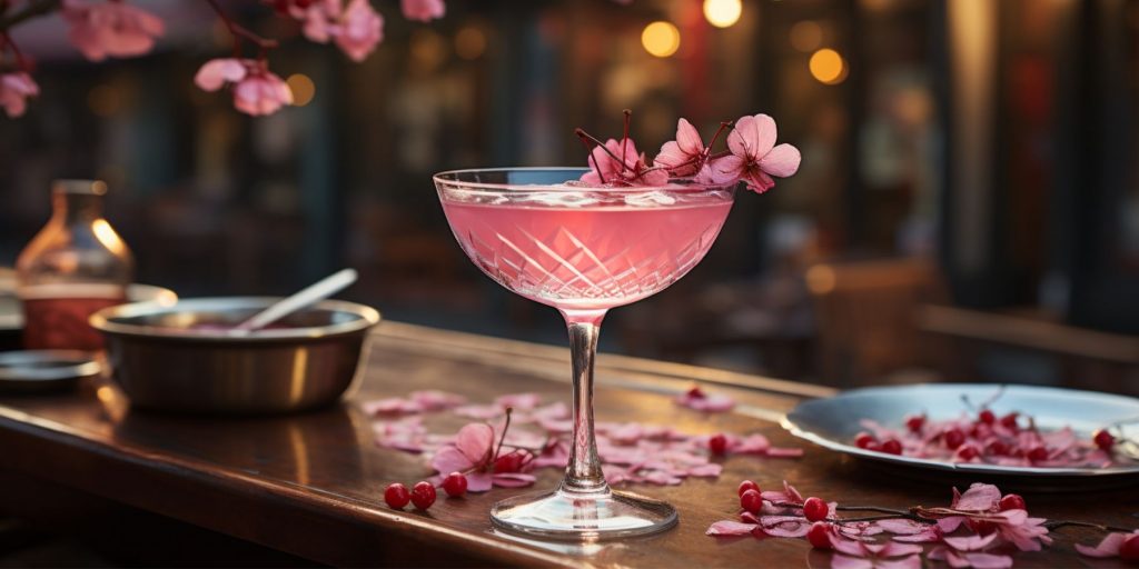 Close up of a dainty Soju Cosmo in a bright Korean setting surrounded by gorgeous blooms and petals
