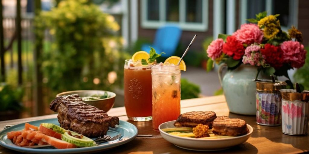 Outdoor scene with refreshing BBQ cocktails and BBQ food set up on a veranda in daytime in a light, bright environment