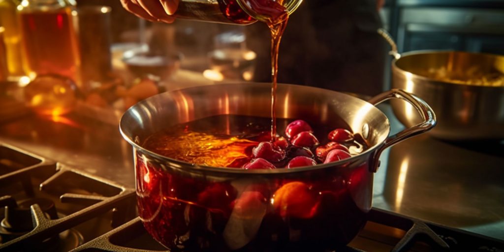 Close up of a home chef adding liquor to a bubbling pot of boozy cherry sauce on a stovetop