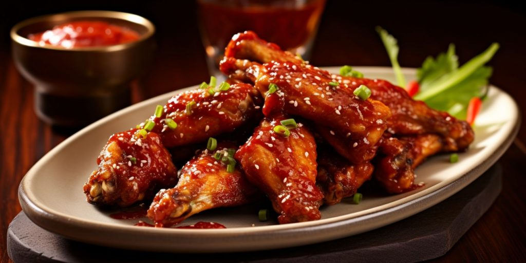 Close up of a serving platter of deep-fried, breaded chicken wings drizzled in Boozy Hot Sauce