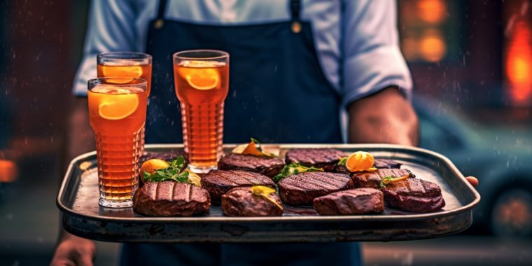 A man holding a tray of grilled steaks and cocktails