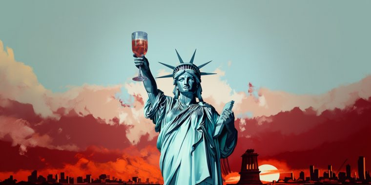 Classic illustration of statue of liberty holding a cocktail