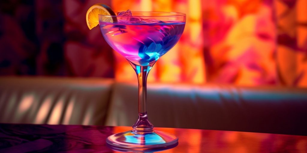 Close-up of an Aviation cocktail in a dark and sparkly rainbow-hued environment