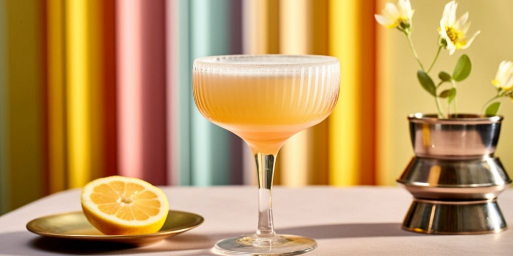 Close up of a Bee's Knees cocktail against a rainbow-striped backdrop