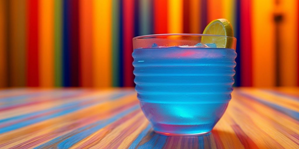 Close up of an electric Blue Hawaiian cocktail against a rainbow striped backdrop