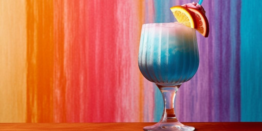 Close up of a Market Street Mai Tai against a rainbow striped backdrop