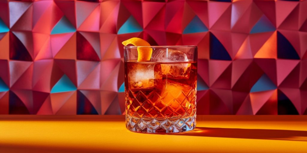 Close up of a Negroni cocktail against a rainbow colored backdrop