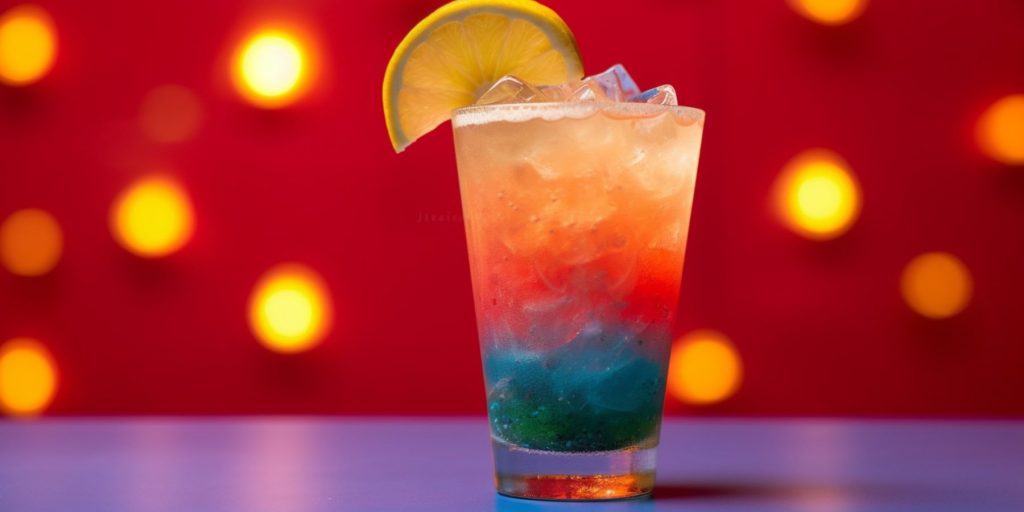 Close up of a Rainbow Paradise Cocktail against a bright and inviting backdrop