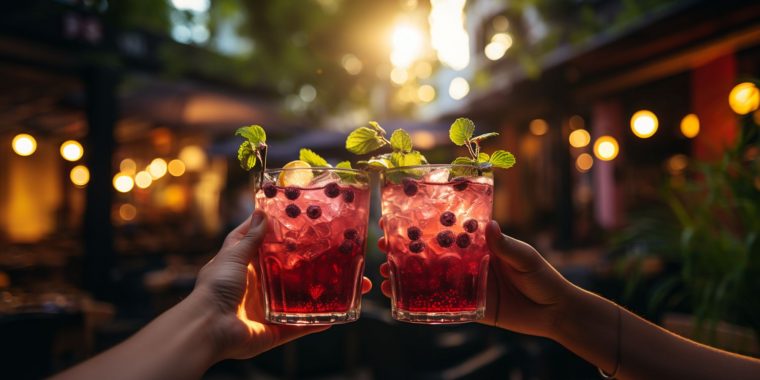 Close up of two female friends clinking blueberry coktails in dappled late afternoon light