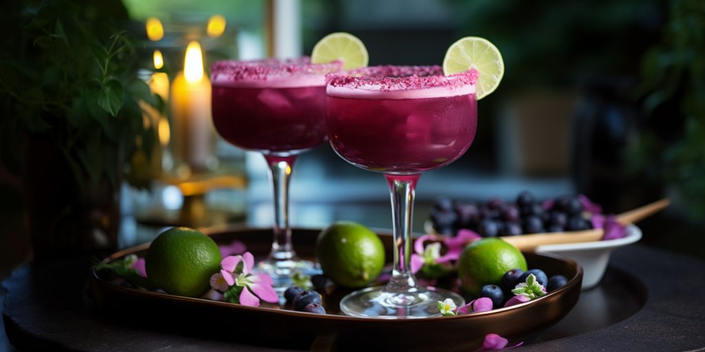 Blueberry Daiquiri cocktails with lime garnish