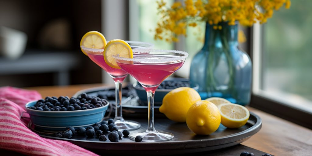 Blueberry Lemon Drop Martinis with fresh lemon garnish