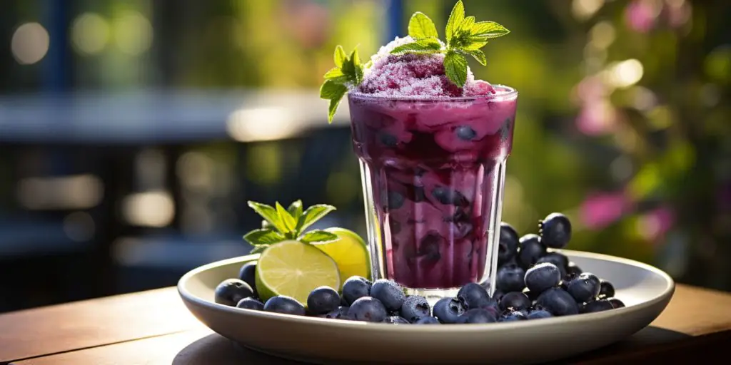 Close up of a frosty Blueberry Margarita in a light bright home kitchen environment