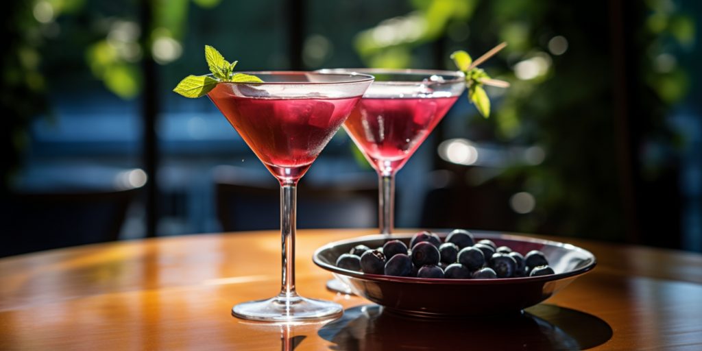 Blueberry Martini cocktails with fresh mint garnish