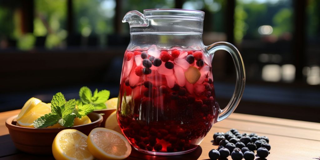 Close up of a pitcher of Blueberry Sangria on a counter in a kitchen