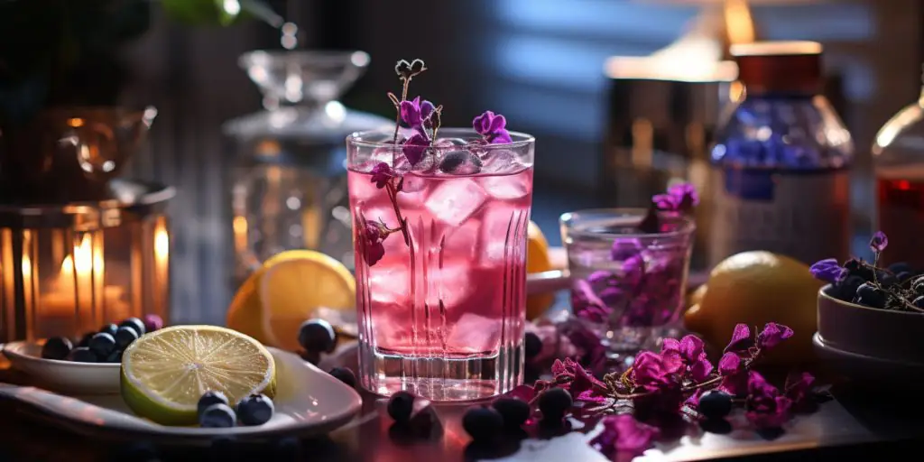 A pretty Blueberry Vodka Lemonade cocktail on a counter in a kitchen surrounded by fresh blueberries and purple blooms