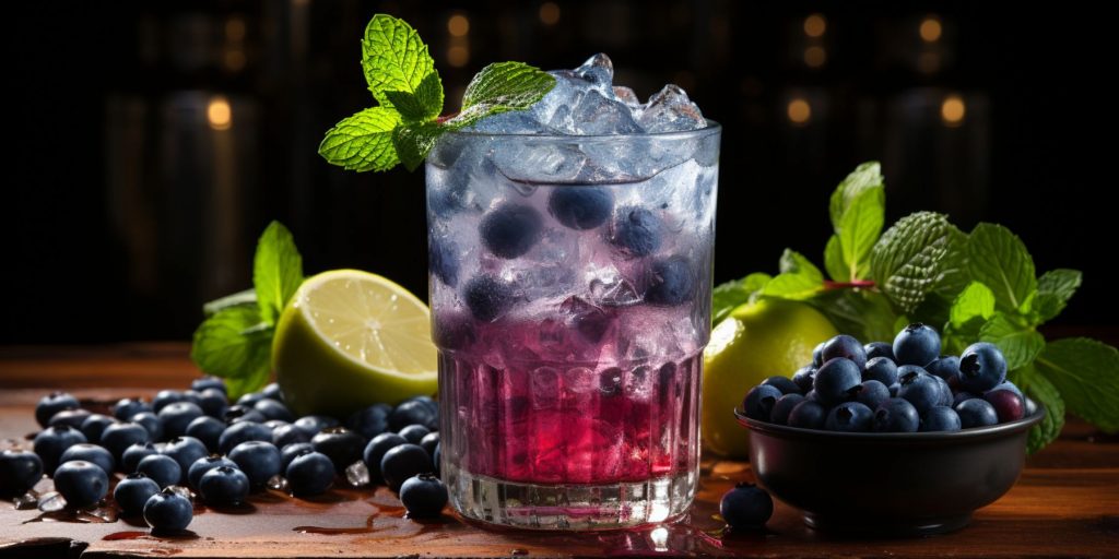 Close up of a Blueberry Vodka Smash cocktail on a dark background with fresh blueberies scattered alongside