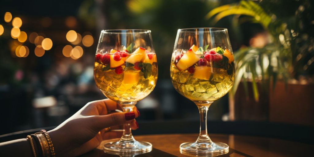 Close up of a pair of Mango Strawberry Sangria cocktails on a table in an outdoor entertainment space at dusk, with fairylights twinkling in the background