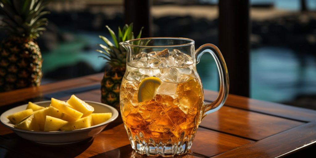 Close up of a jug of Pina Colada Sangria set up on a wooden table outside on a sunny day with a pool in the background