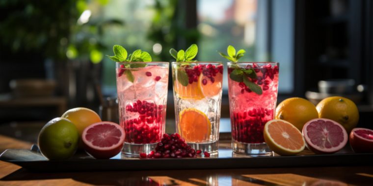 A row of gorgeous Pomegranate cocktails in a light brigh home kitchen environment with lots of natural light play